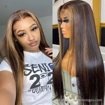Piano 30 Inch Long Straight Brown 13X4 Transparent Lace Highlighted Human Hair Wigs 10a Highlight Body Wave Hair Full Wig